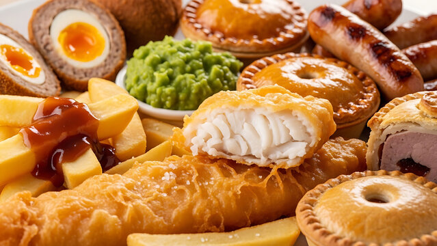 Traditional British Fish and Chips Meal with Pies, Sausages, and Mushy Peas