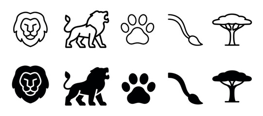 Lion head silhouette icons set featuring walking roar pose with majestic mane detail plus paw prints tail shape along with savanna tree illustration collection vector art. © IconBloom