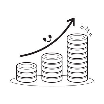 Stacks Of Coins With Rising Arrow Black And White Line Drawing