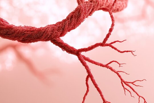 Close-up of a branching red fibrous structure against a soft pink background