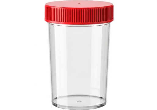 Empty plastic medical specimen container with red lid