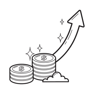 Stacks Of Coins And Rising Arrow Black And White Line Drawing