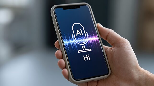 Hand holding phone with AI voice assistant interface