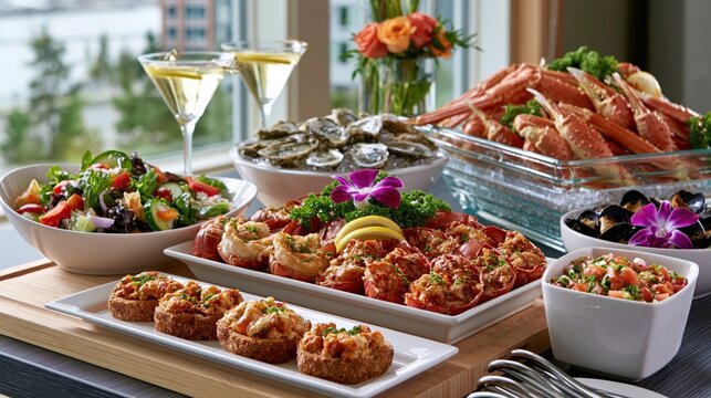 Seafood feast set on a wooden table near a window with views of water and distant buildings during daytime