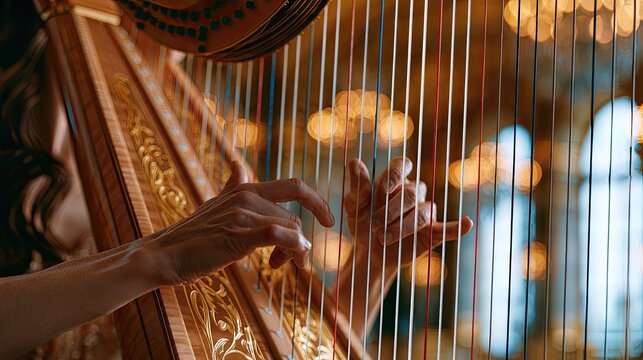Close-up of fingers gracefully playing strings of an ornate wooden harp
