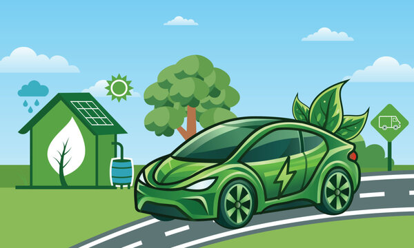 Electric car, EV car, car charging battery at electric charging station with solar panel, eco friendly Green electric car on road with solar eco friendly house landscape
