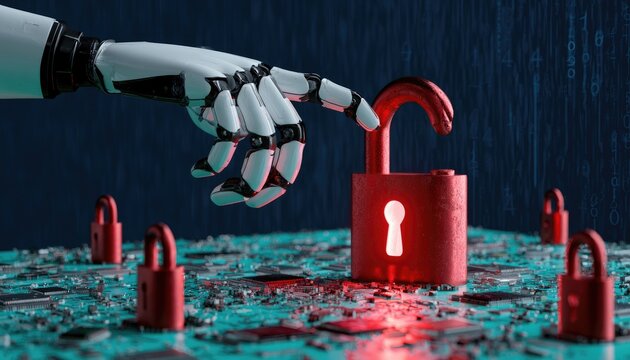 Robotic hand unlocks a glowing red padlock surrounded by others