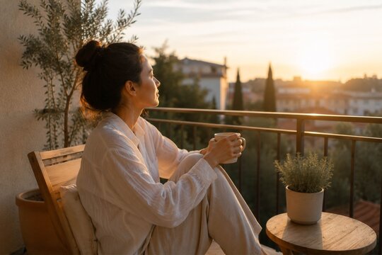 Sitting quietly on a balcony at sunrise