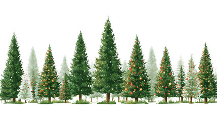 Obraz premium Row of green pine trees with snow and decorations isolated on transparent background