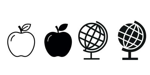 Apple fruit outline and solid icons alongside globe model world map symbols set for educational geography and nutrition themed graphic design projects isolated vectors. © IconBloom