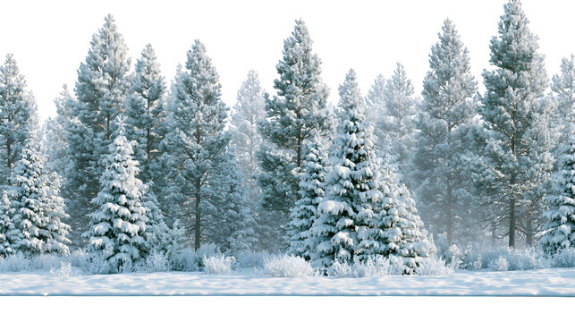 Snow covered pine trees with frosty branches in a winter forest isolated on transparent background