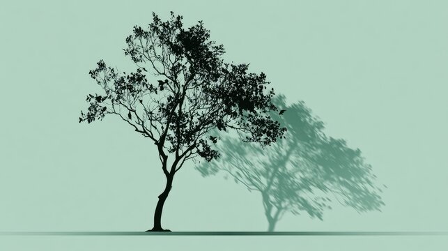 Silhouette of a solitary tree with its ethereal shadow on a plain background