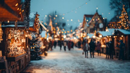 Obraz premium Festive Winter Market Scene with Twinkling Lights and Snowy Pathways at Dusk