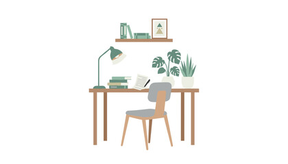 Fototapeta premium Minimalist home office workspace setup featuring a wooden desk comfortable chair green plants stack of books and a lamp.