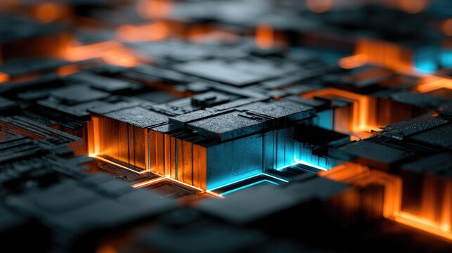 Abstract futuristic circuit board with glowing orange and blue lights