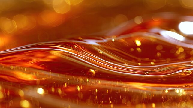 Abstract, shimmering amber liquid surface with golden light reflections