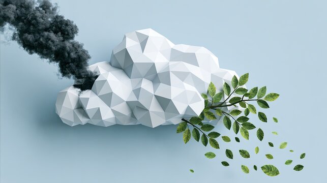 Low-poly cloud spewing pollution, sprouting green leaves