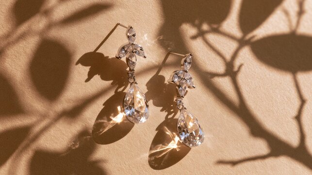 Elegant dangling diamond earrings with leaf shadow overlay