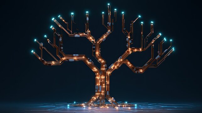 Illuminated electronic tree with glowing circuits on dark background