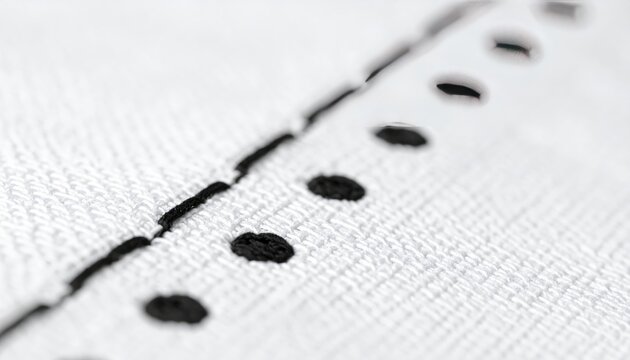 Macro shot of white fabric with black stitched perforations and textured surface