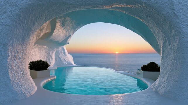 Serene cave pool overlooks a tranquil ocean at sunset, bathed in warm light