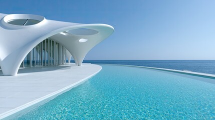 Fototapeta premium Futuristic white structure with infinity pool overlooking the ocean