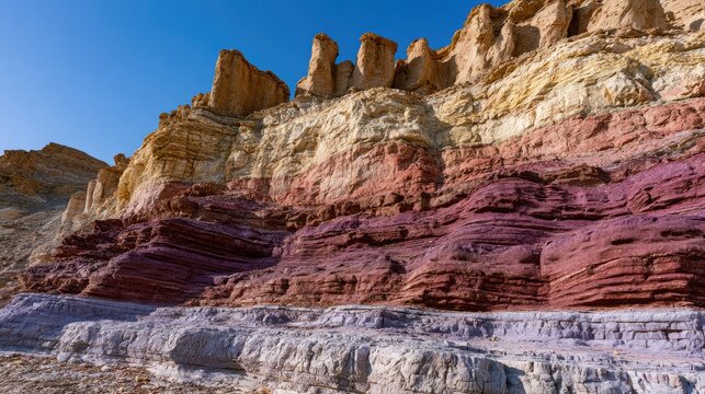 Layered rock formations display vibrant bands of red, purple, white, and tan