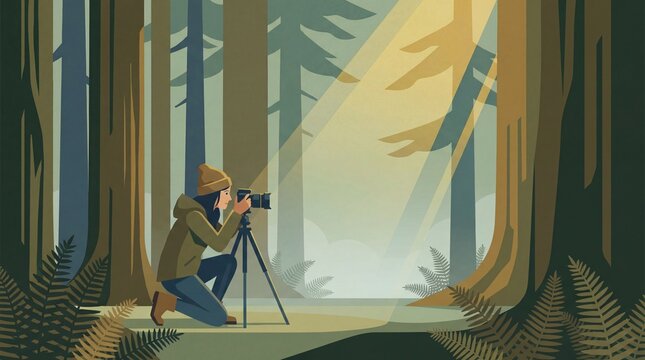 Woman photographing nature in forest with camera for outdoor photography