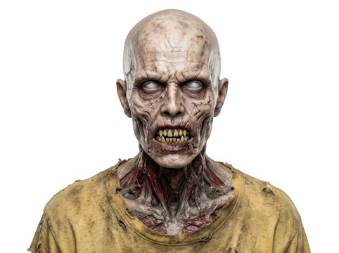 Closeup portrait of a terrifying zombie with glowing white eyes and decaying skin isolated on transparent background