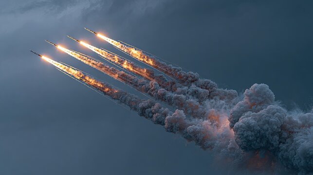 Four rockets ascend into a cloudy sky, trailing fiery exhaust and smoke plumes