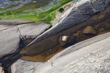 Naklejka premium Cracked granite shoreline crevice with a tide pool and a thin line of green algae at the waterline.