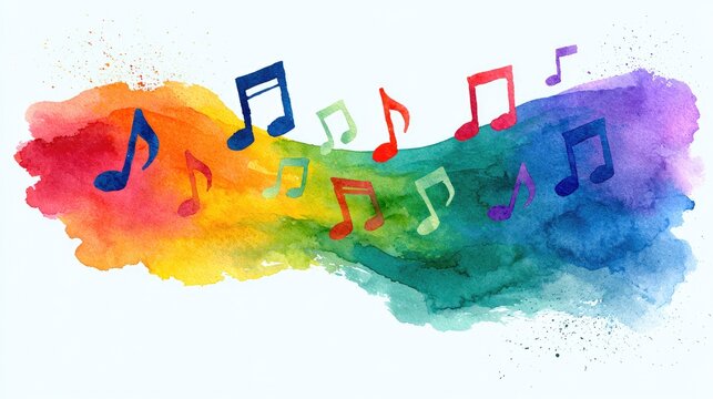 Colorful musical notes flow across a vibrant watercolor rainbow splash
