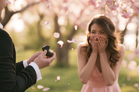 Man proposes to surprised woman with ring, petals falling gently