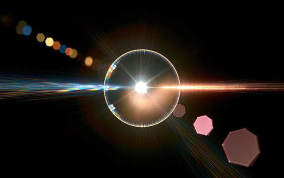 Abstract burst of bright light with colorful flares and circular lens effects