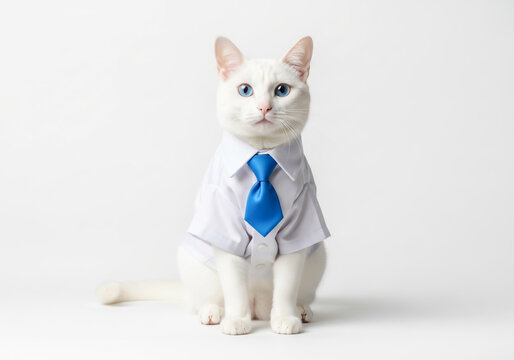 White cat wearing a formal shirt and a blue tie