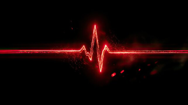 Vibrant red heartbeat waveform pulsates with energetic sparks on a dark background