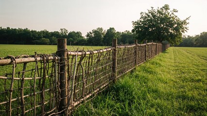 Fototapeta premium Rustic wooden and wire fence separating lush green fields with a tree in the background, under a bright sky.