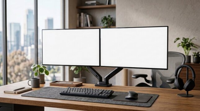 Dual monitor setup on a wooden desk with blank screens for a professional digital workspace display mockup presentation