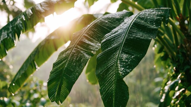 Sunlight streams through wet jungle leaves after a refreshing, dewy downpour