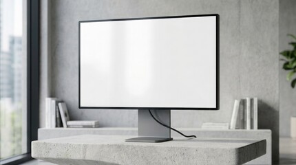 Fototapeta premium Modern computer monitor with a blank white screen mockup placed on a wooden desk in a bright office interior