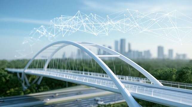 Futuristic bridge with digital network overlay, city skyline in background