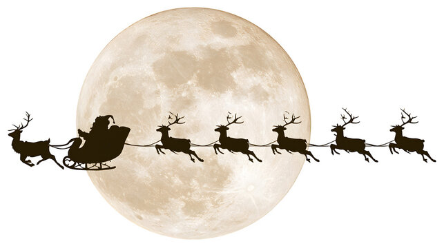 Santa Claus sleigh and reindeer flying across full moon isolated on transparent background
