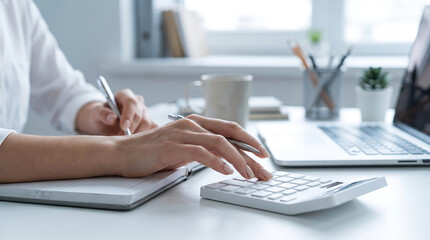 Fototapeta premium Businesswoman Working at Office Desk Using Calculator and Taking Notes in Notebook for Financial Planning