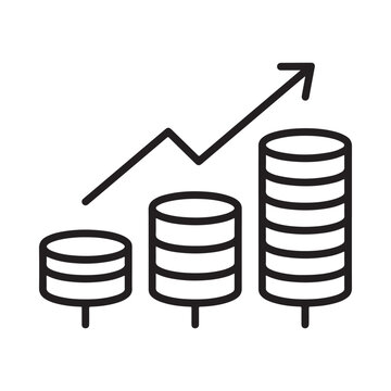 Stacked Coins With Rising Arrow Black Line Icon On White Background