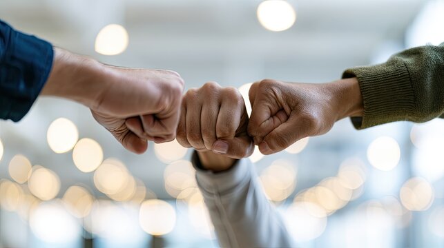 Two hands powerfully connect fists in a gesture of unity and teamwork