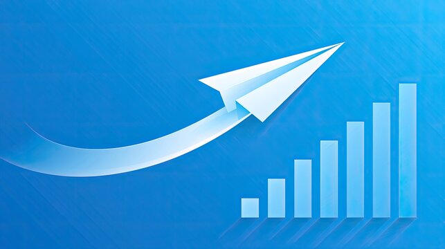 A paper airplane soars upwards, leaving a luminous trail, beside a rising bar graph
