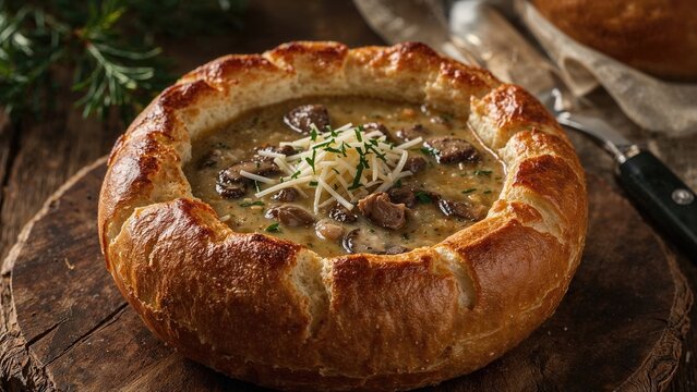 A bread bowl filled with mushroom soup topped with cheese, served on a rustic wooden surface.