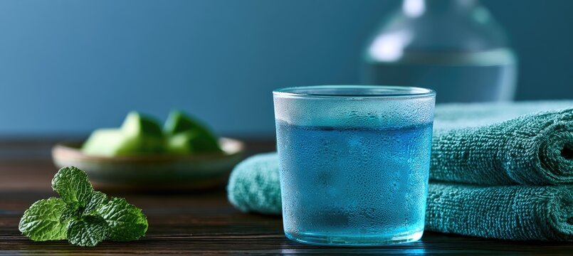 Refreshing blue drink with mint and lime slices on a wooden table