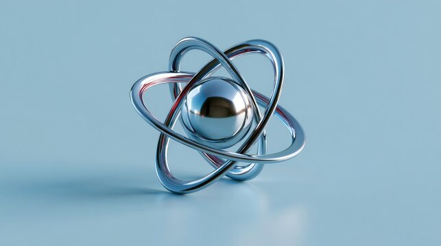 Polished metallic atomic structure with orbiting rings and central sphere
