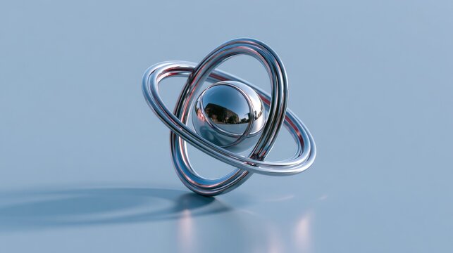 A polished, abstract, metallic sphere floats within intertwined, reflective rings